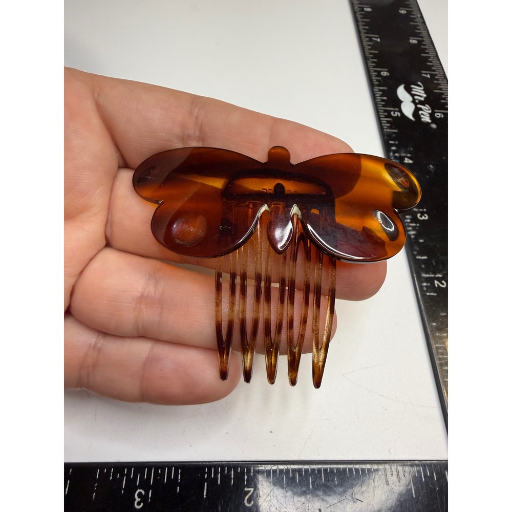 Vintage France Faux Tortoiseshell Butterfly Hair Comb Amber Resin Accessory